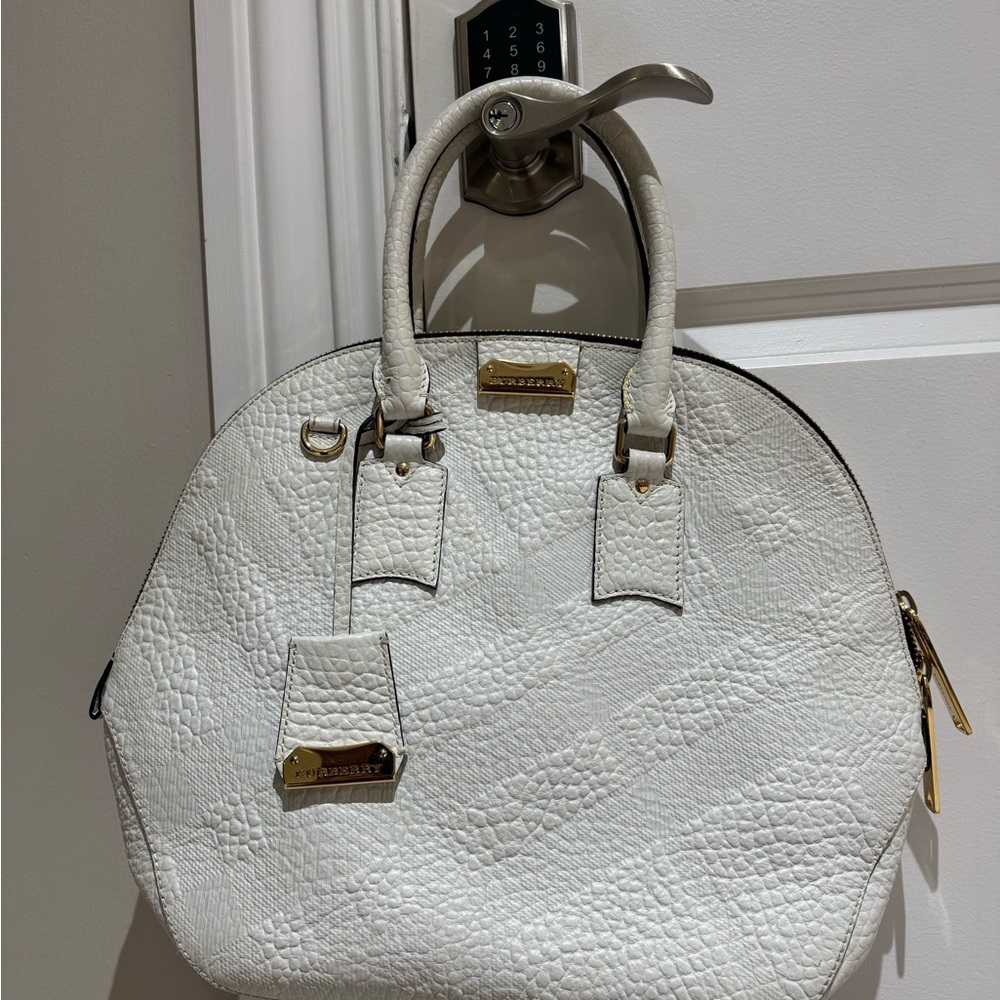 Burberry Orchard Bowler White Bag with Gold Accents and check-embossed Leather